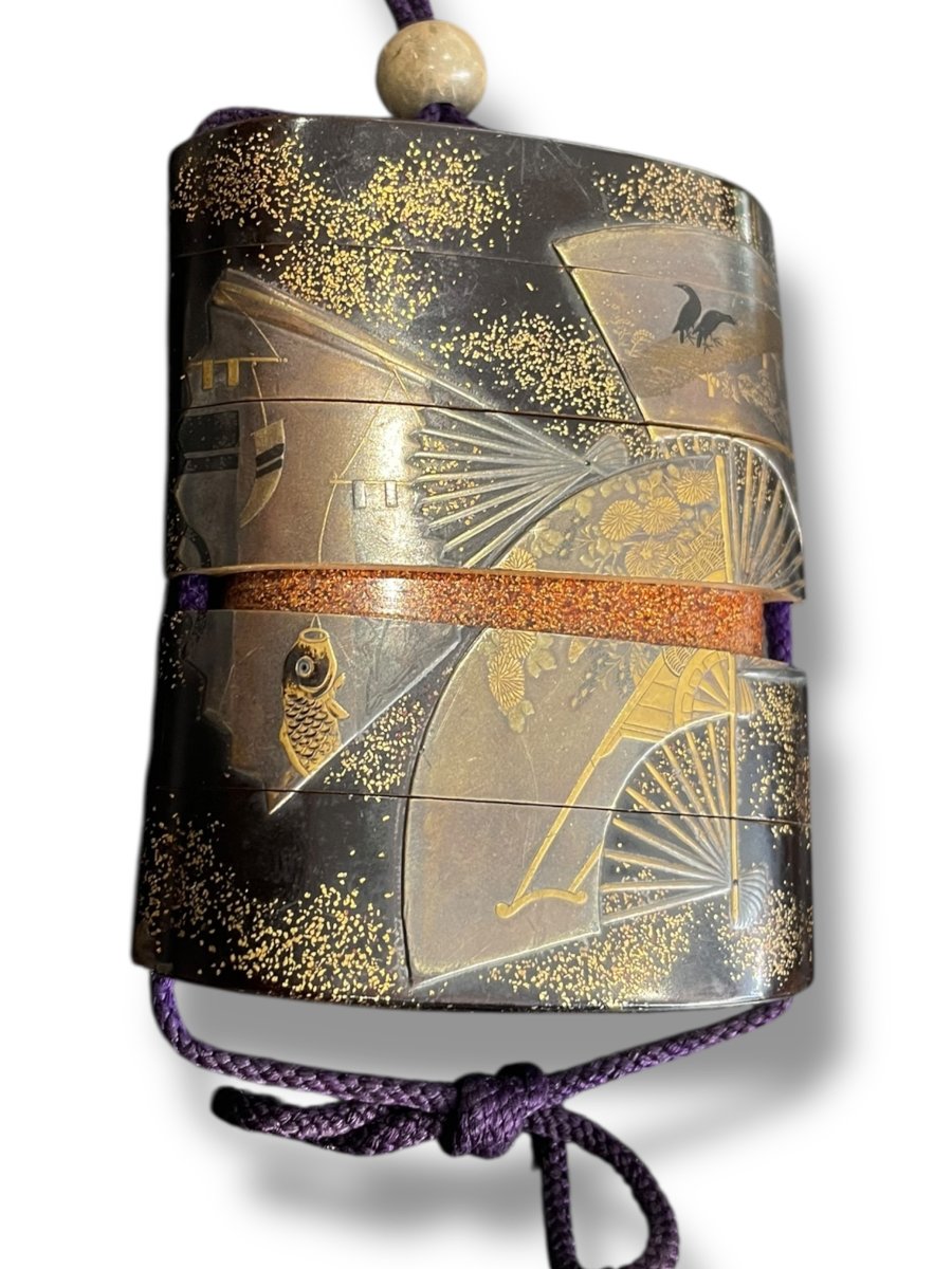 Inro en laque ro-iro et maki-e décor d'éventail-photo-5