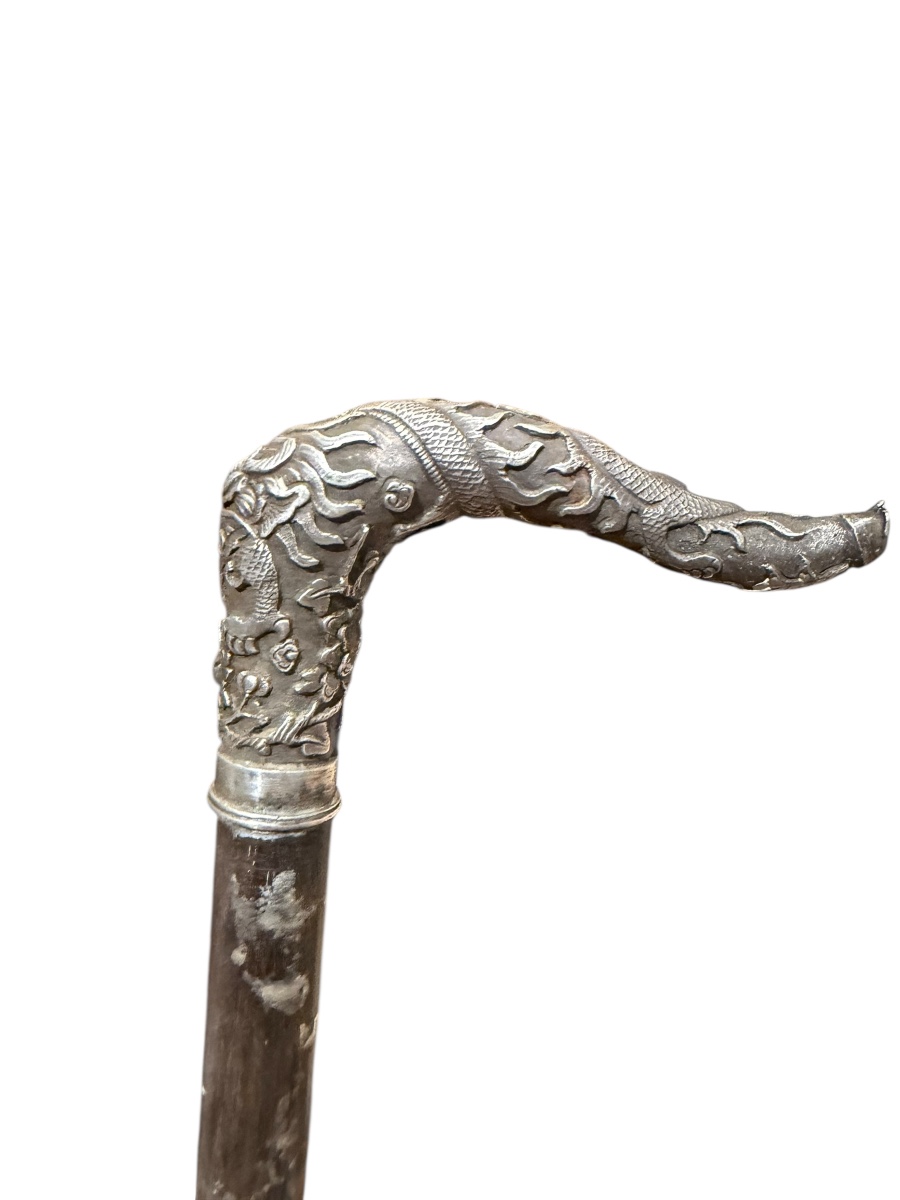 China Indochina Walking Stick With Silver Handle And Dragon Motif