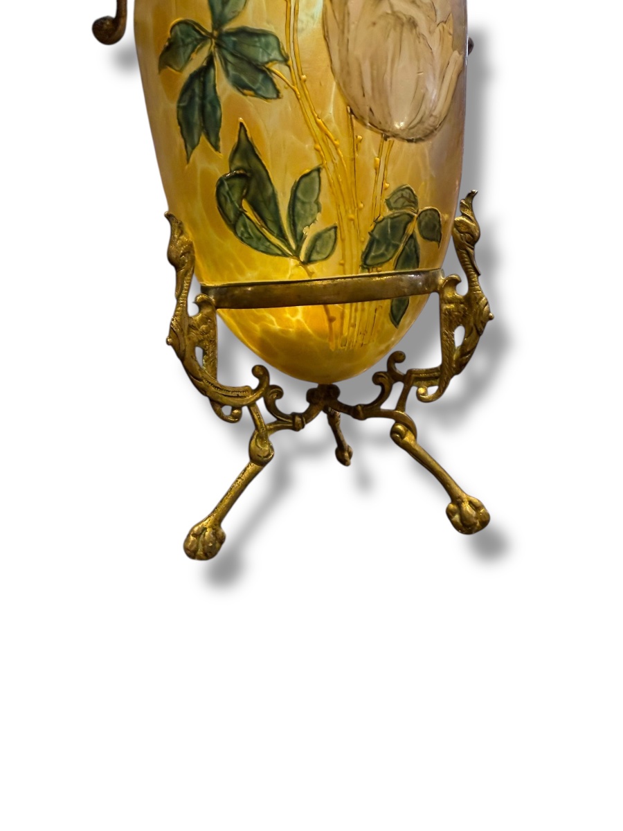Ovoid Art Nouveau Vase In Iridescent Enameled Glass-photo-3