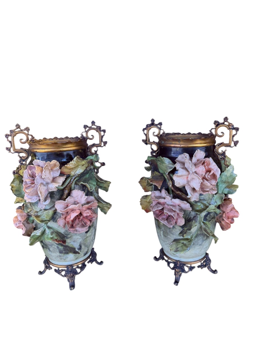 Pair Of Majolica Vases With Floral Decoration-photo-2