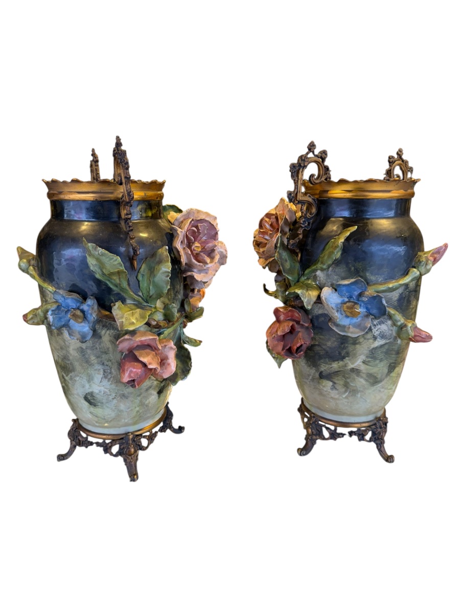 Pair Of Majolica Vases With Floral Decoration-photo-2