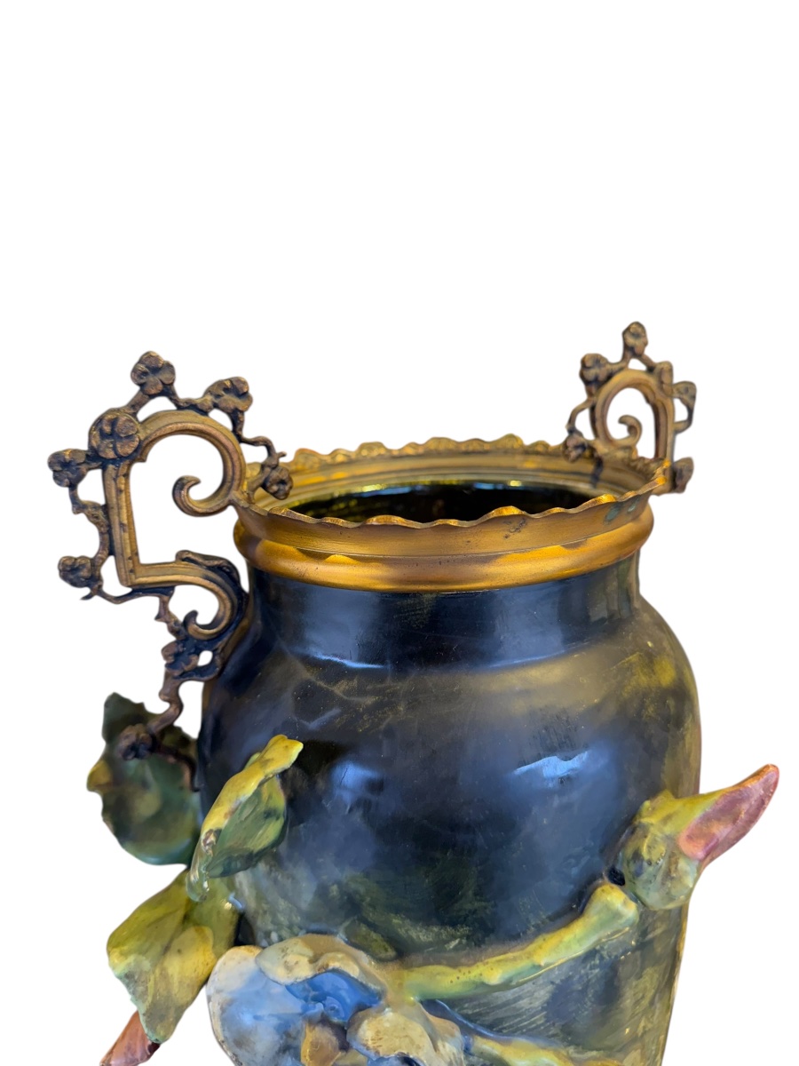 Pair Of Majolica Vases With Floral Decoration-photo-3