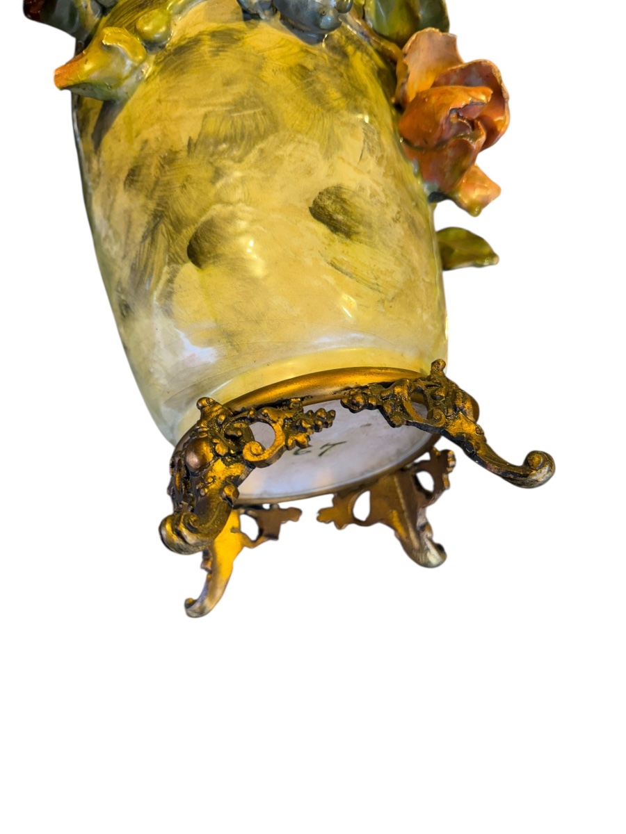 Pair Of Majolica Vases With Floral Decoration-photo-4