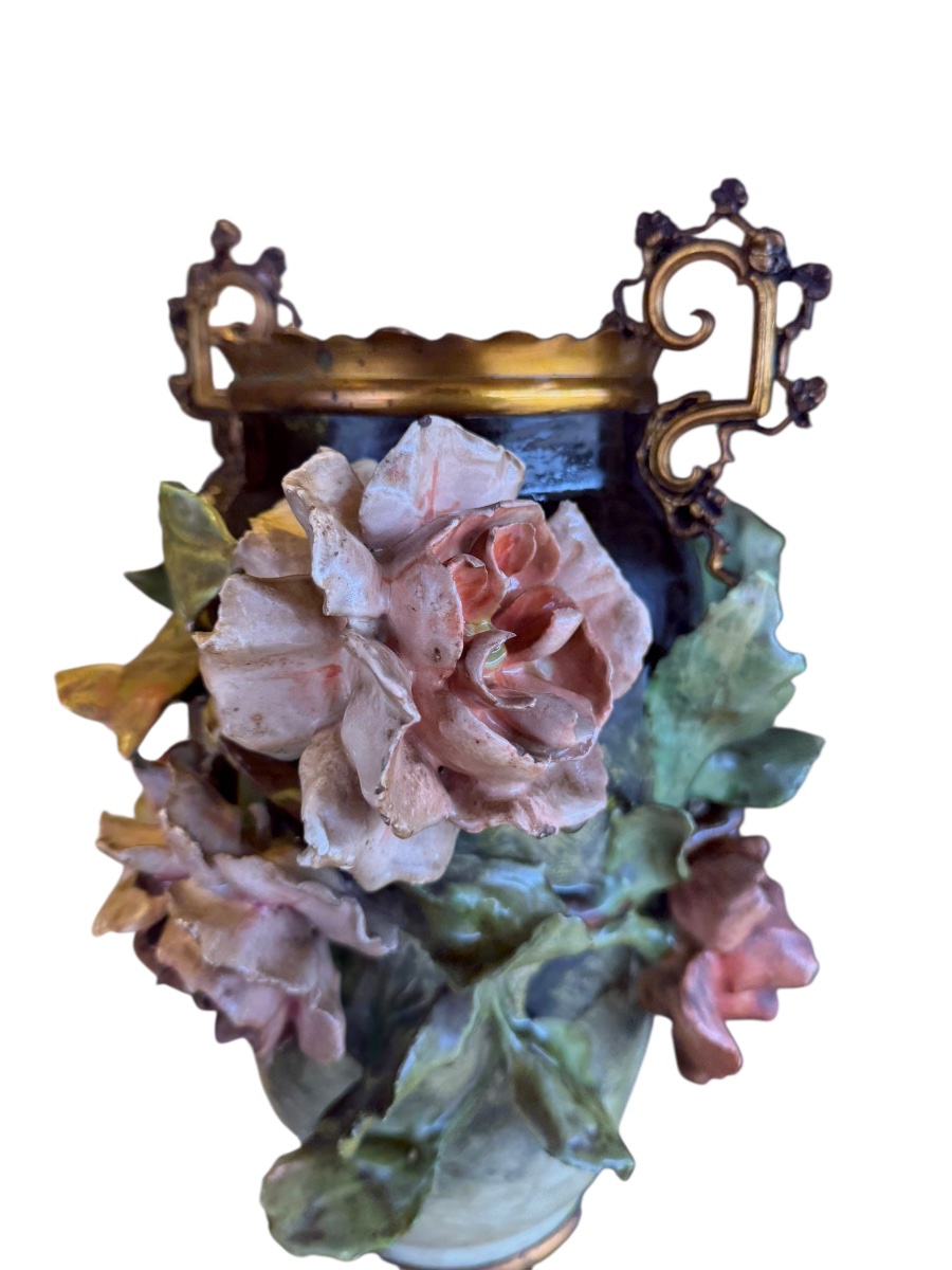 Pair Of Majolica Vases With Floral Decoration-photo-6