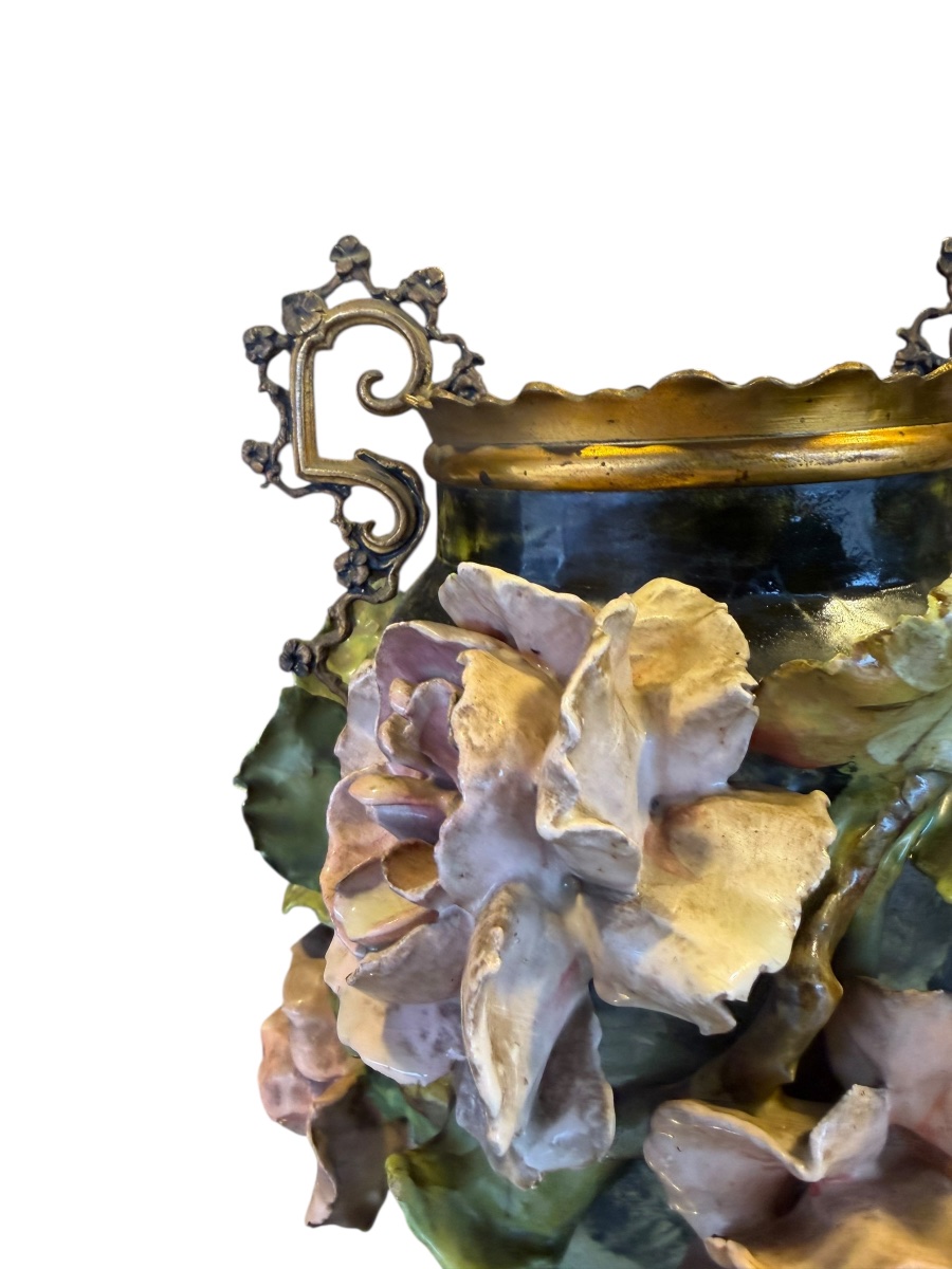 Pair Of Majolica Vases With Floral Decoration-photo-8