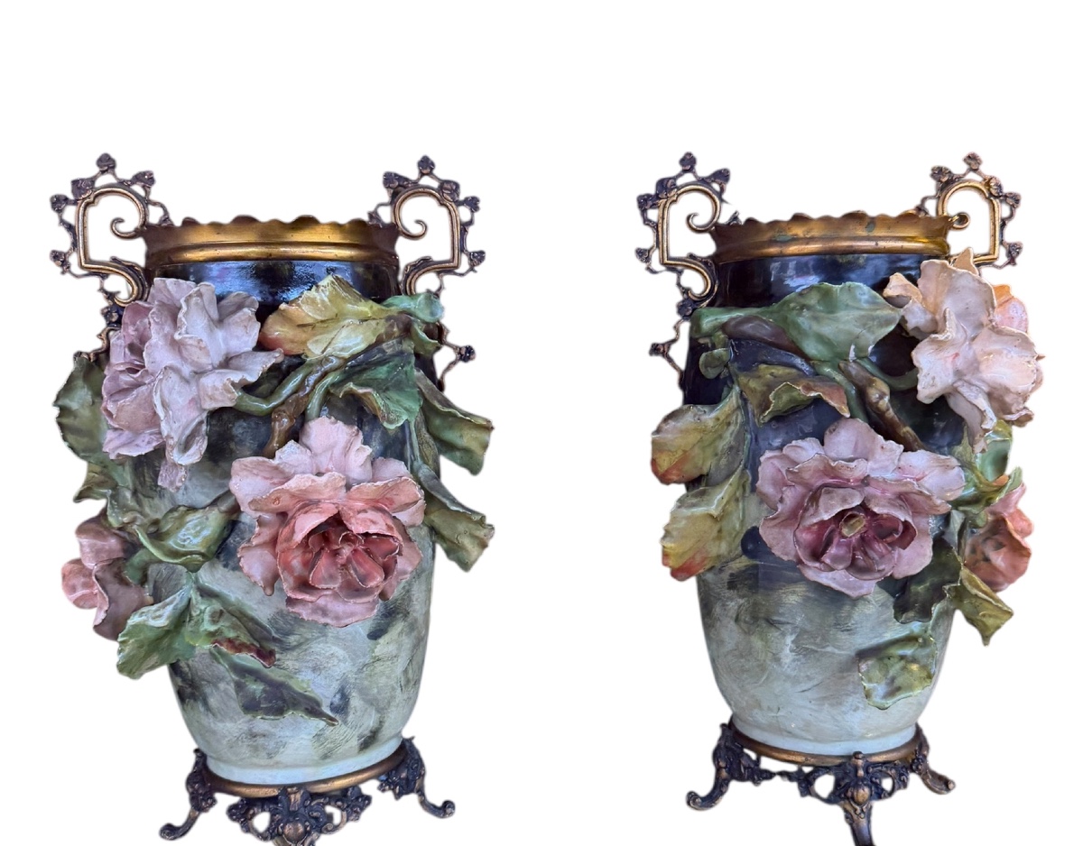 Pair Of Majolica Vases With Floral Decoration