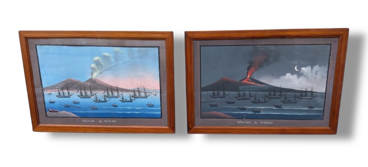 Volcan du Vésuve Paire de gouaches napolitaine du XIXe siècle 