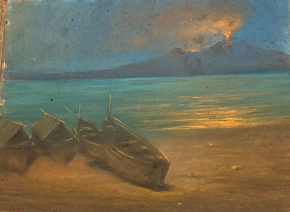 Eruption Of Vesuvius, Neapolitan Pastel, 19th Century-photo-2