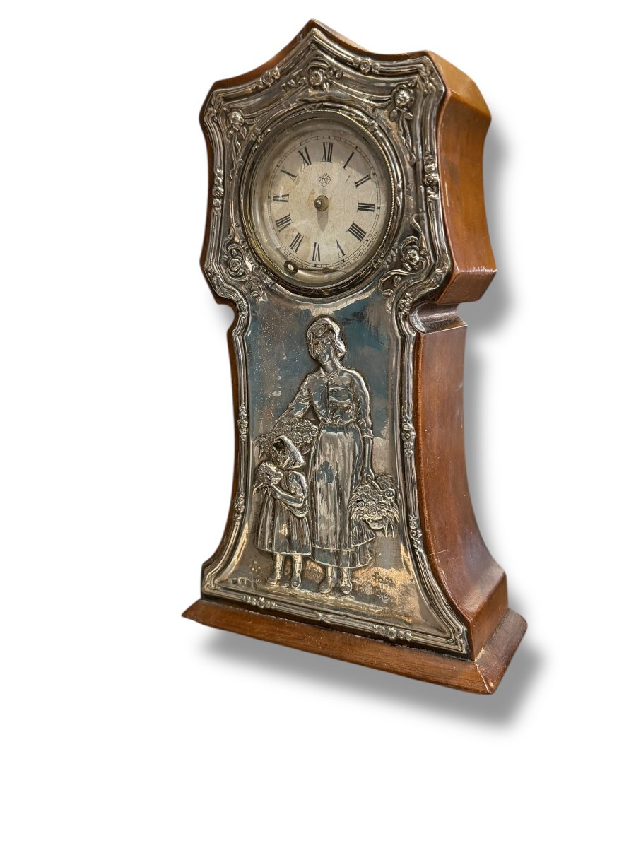 Mother And Child Mantel Clock In Solid Silver-photo-1