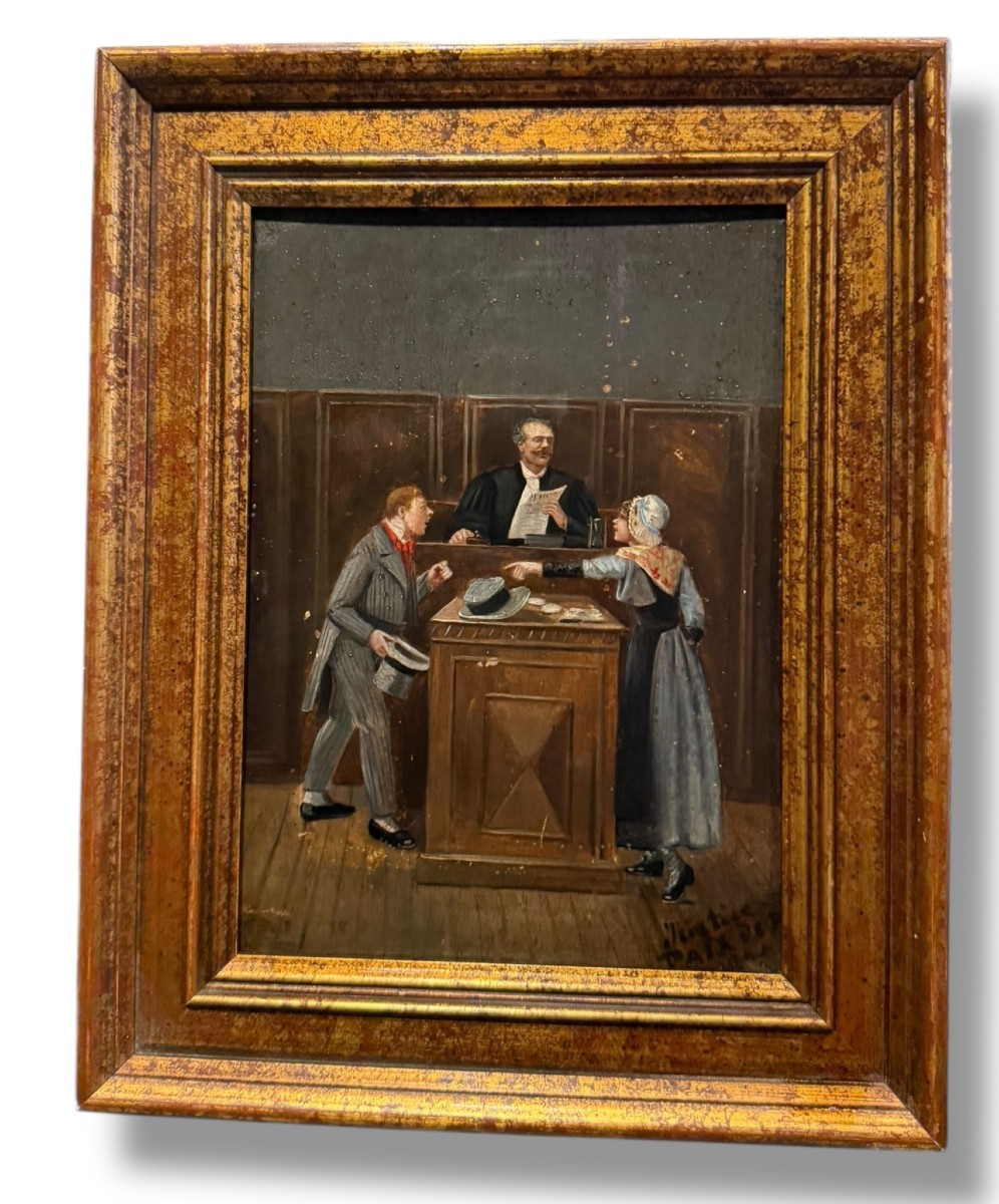 Au tribunal huile sur panneau XIXeme