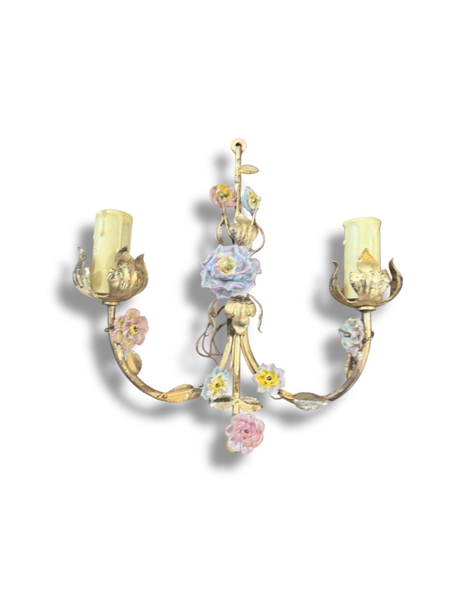 Paire d'appliques fleurs en barbotine et métal-photo-3