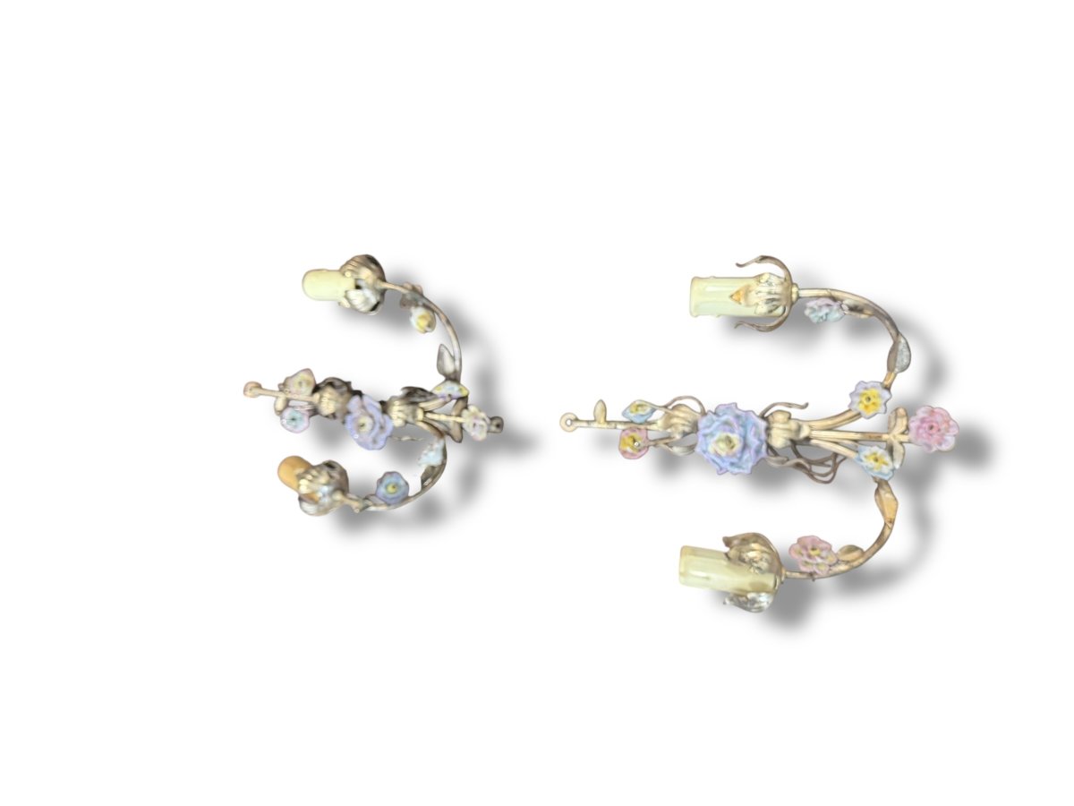 Paire d'appliques fleurs en barbotine et métal-photo-4