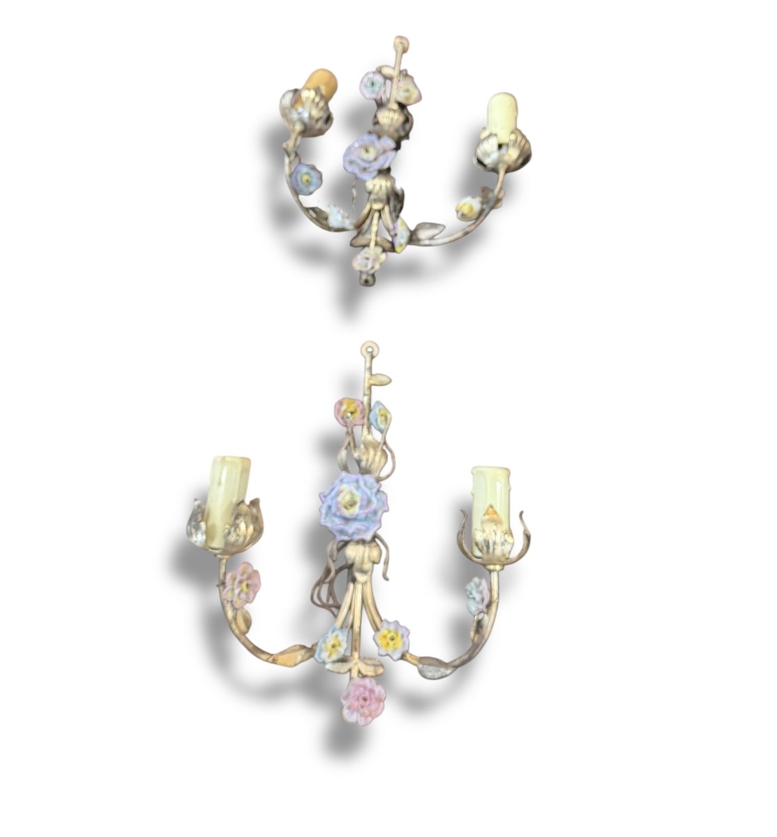 Paire d'appliques fleurs en barbotine et métal-photo-3