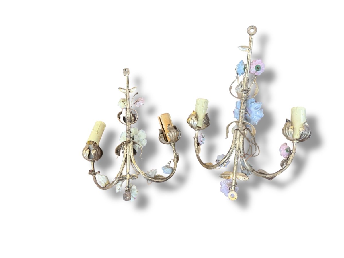 Paire d'appliques fleurs en barbotine et métal-photo-4