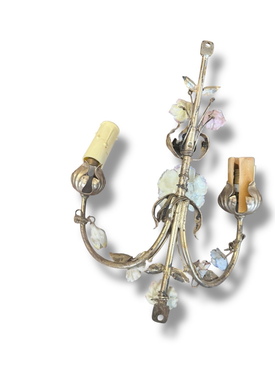 Paire d'appliques fleurs en barbotine et métal-photo-5