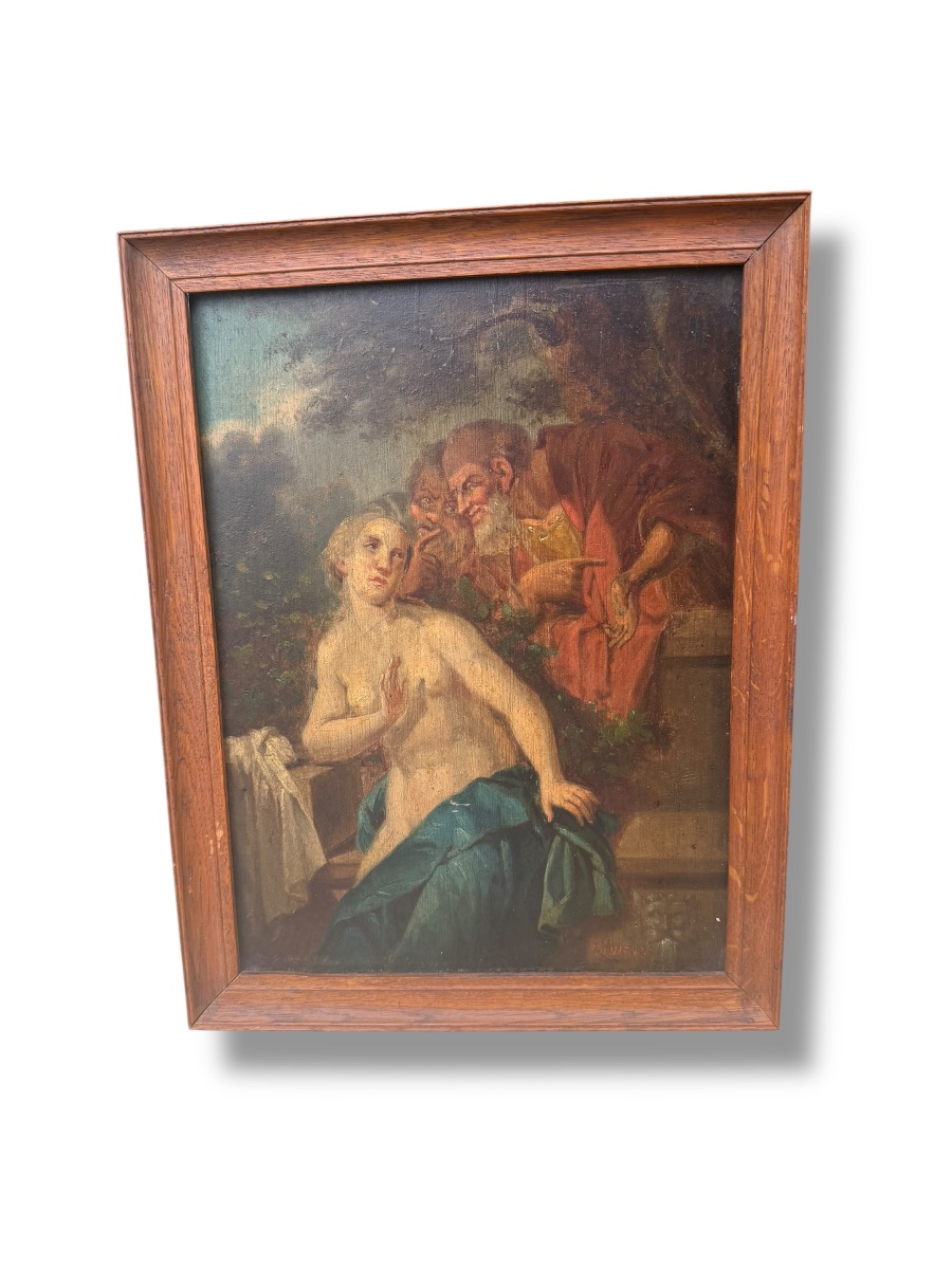 Susanna At Her Bath, Oil On Panel, 19th Century-photo-2