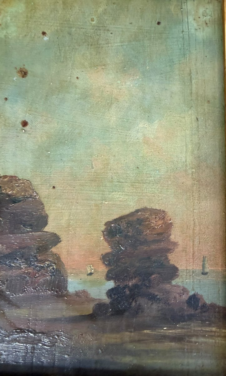 Ecole française XIXeme Rochers en bord de mer paire d'huile sur panneau ROY-photo-3