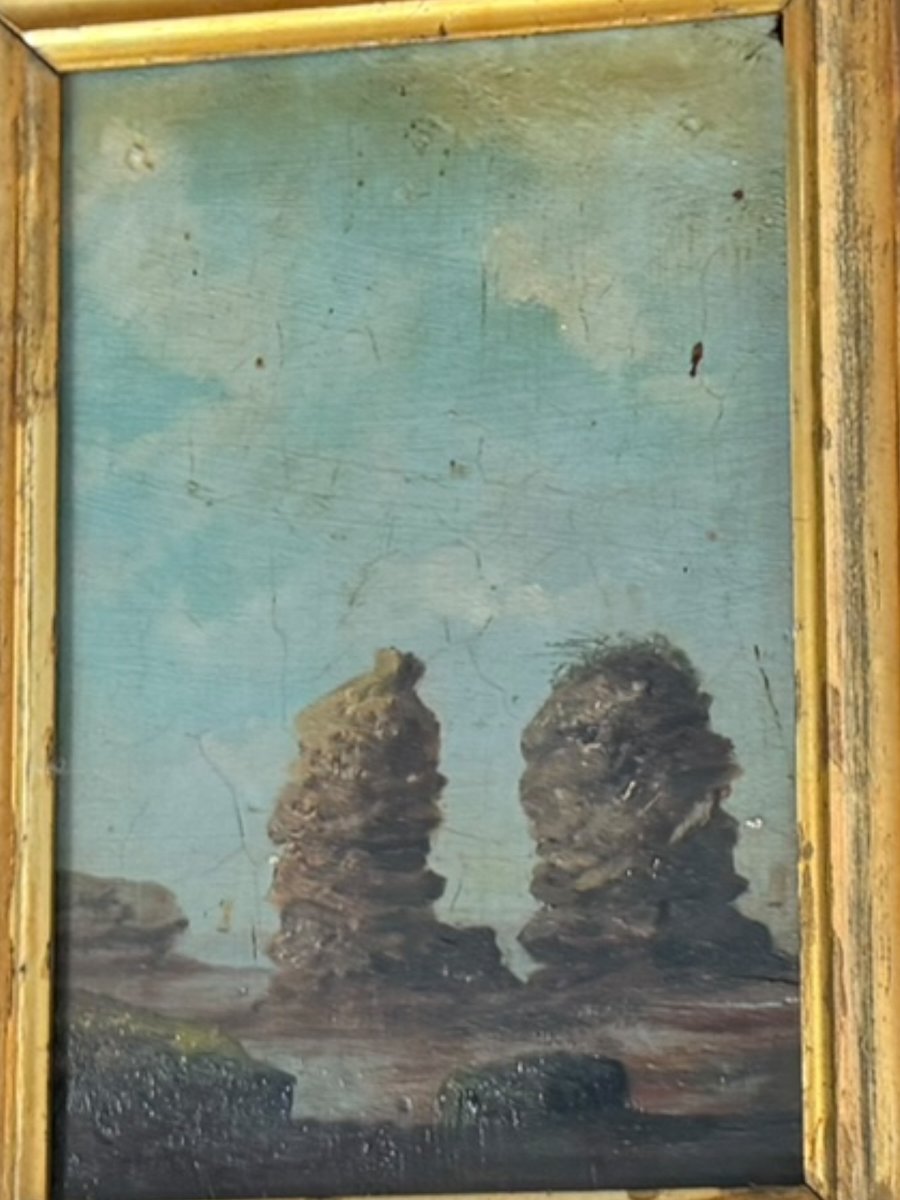Ecole française XIXeme Rochers en bord de mer paire d'huile sur panneau ROY-photo-3