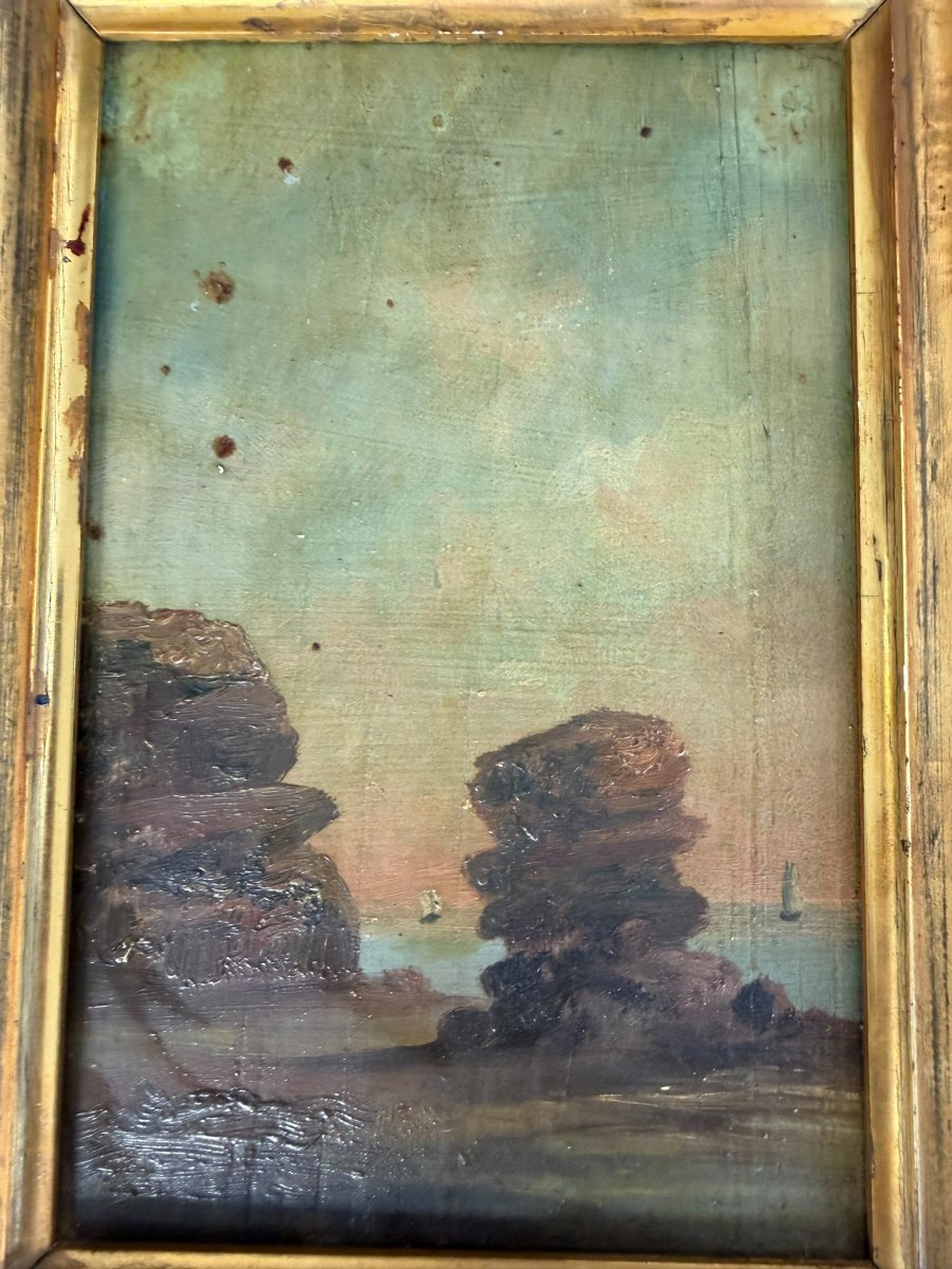 Ecole française XIXeme Rochers en bord de mer paire d'huile sur panneau ROY-photo-5