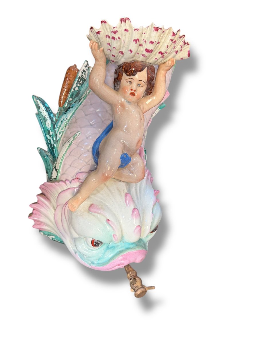 Faience Fountain By Vieillard Bordeaux With Putti And Dolphin-photo-3