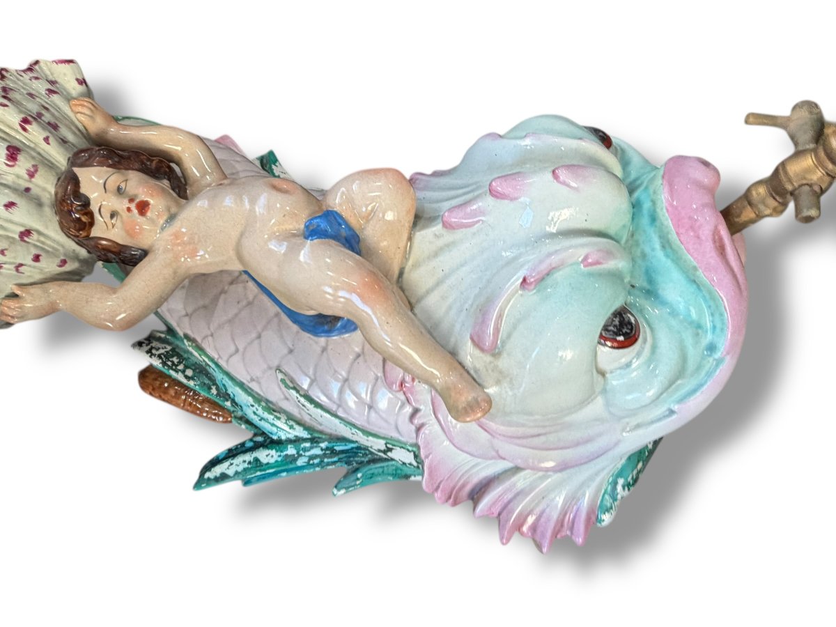 Faience Fountain By Vieillard Bordeaux With Putti And Dolphin-photo-2