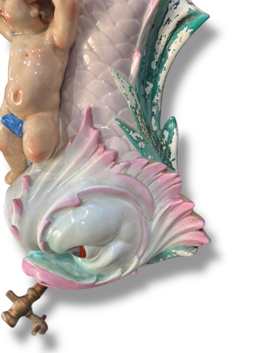Faience Fountain By Vieillard Bordeaux With Putti And Dolphin-photo-8