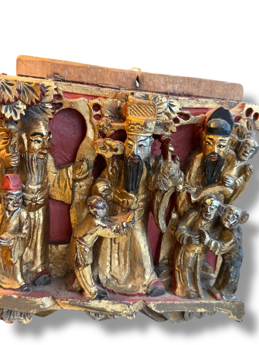 Bas relief en bois polychrome doré Chiné XIXeme-photo-3