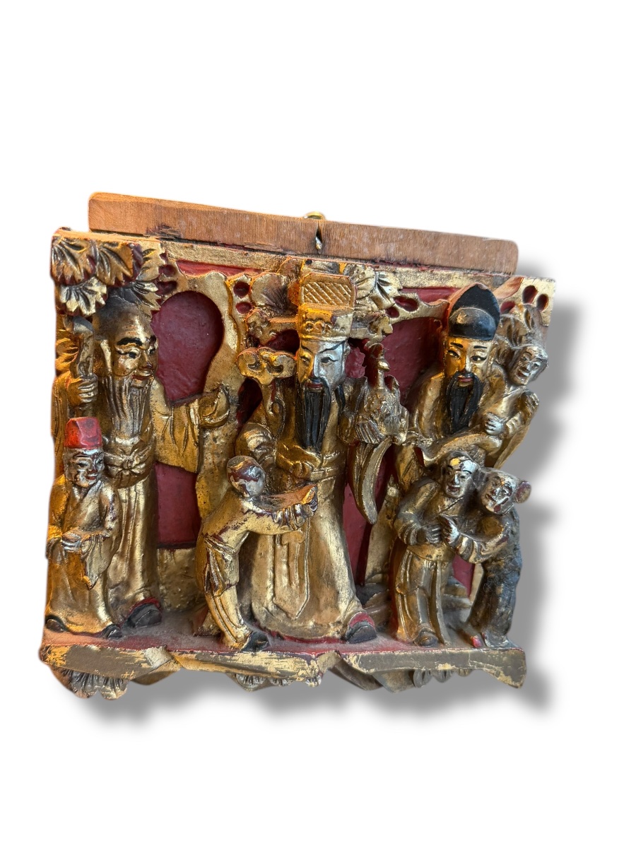 Bas relief en bois polychrome doré Chiné XIXeme-photo-4
