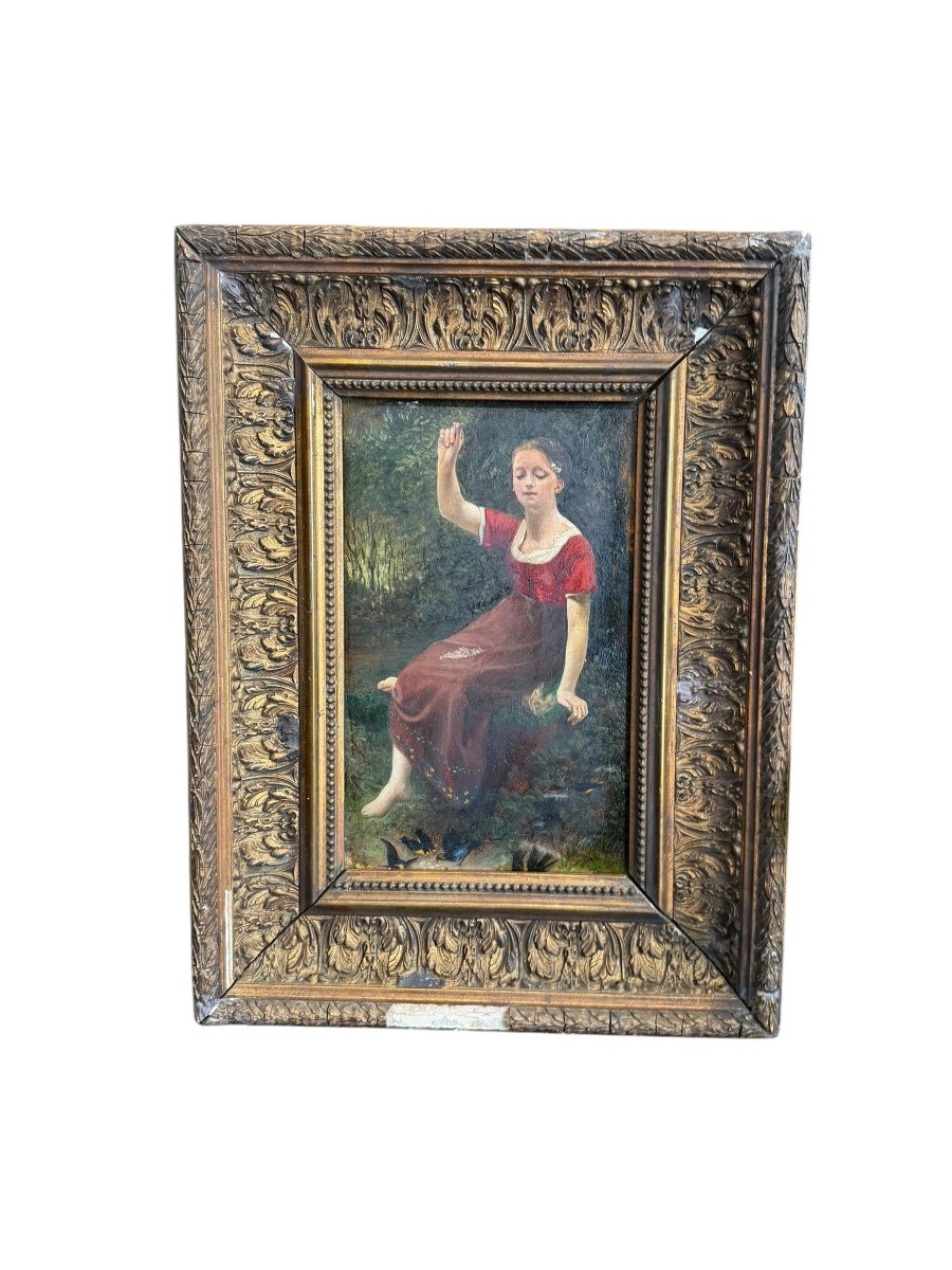 Jeune fille aux oiseaux huile sur panneau XIXeme-photo-2
