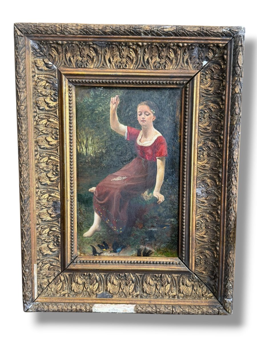 Jeune fille aux oiseaux huile sur panneau XIXeme-photo-3