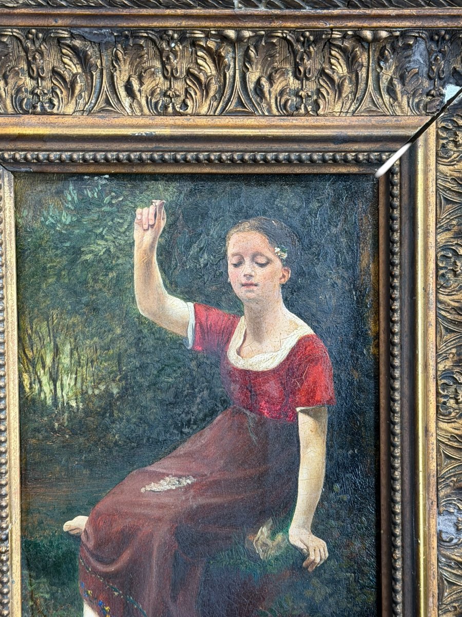 Jeune fille aux oiseaux huile sur panneau XIXeme-photo-4