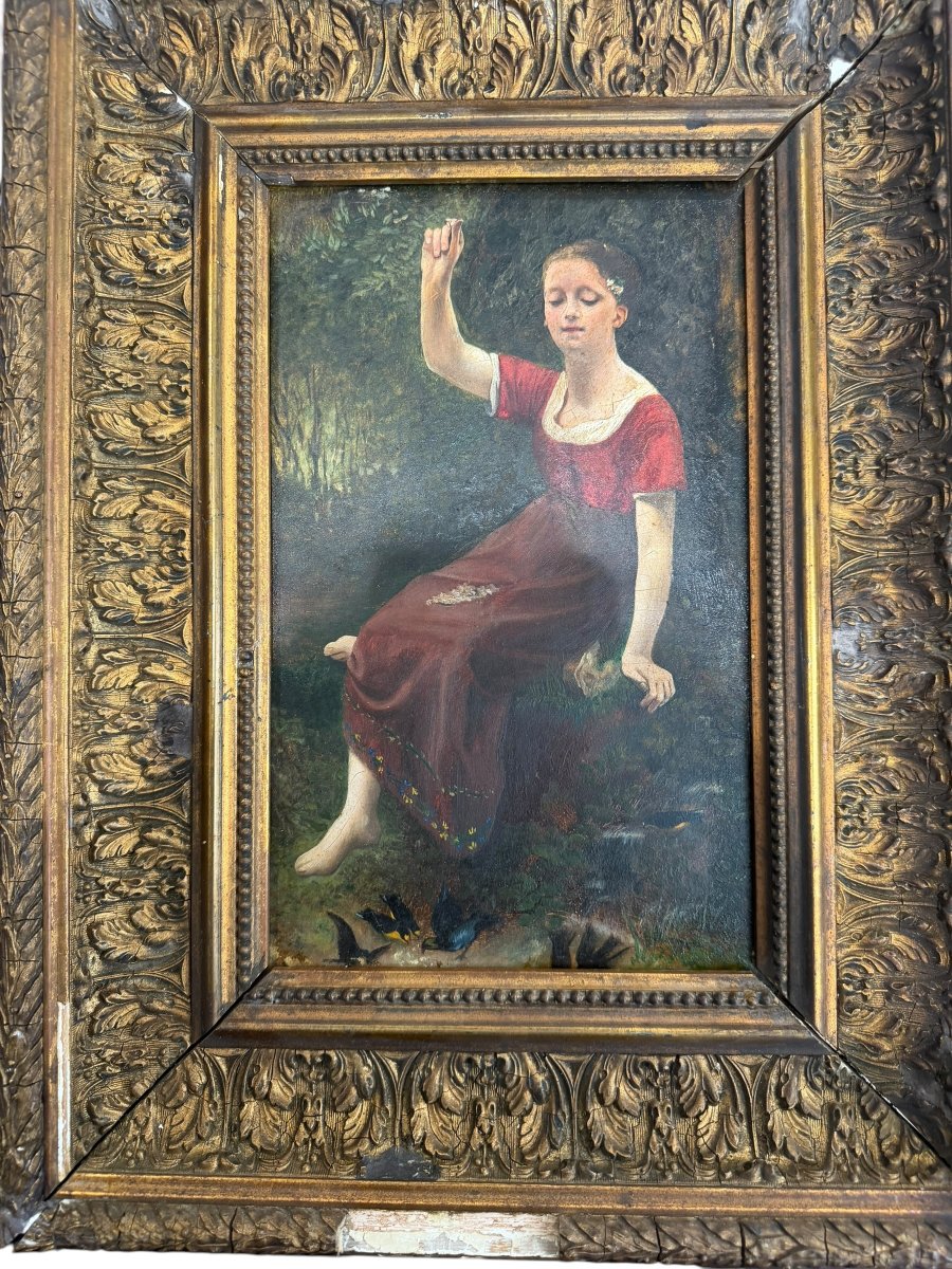 Jeune fille aux oiseaux huile sur panneau XIXeme-photo-1