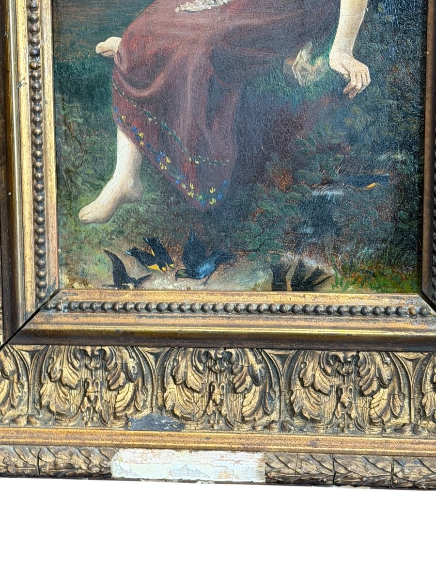 Jeune fille aux oiseaux huile sur panneau XIXeme-photo-4