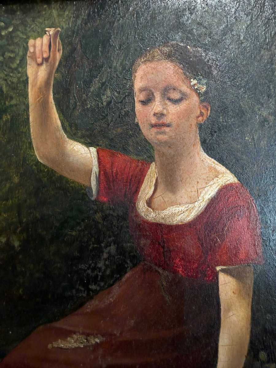 Jeune fille aux oiseaux huile sur panneau XIXeme-photo-5