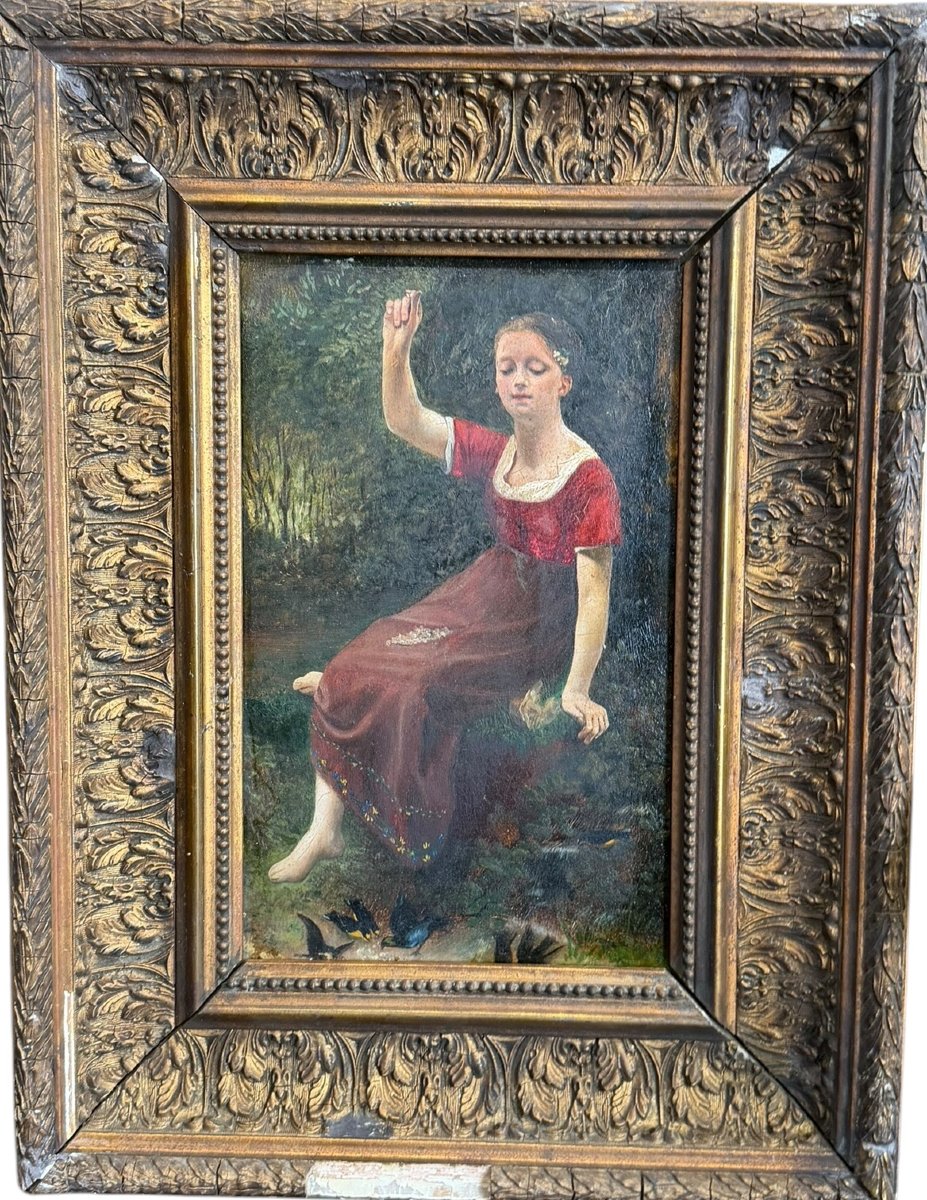 Jeune fille aux oiseaux huile sur panneau XIXeme-photo-8