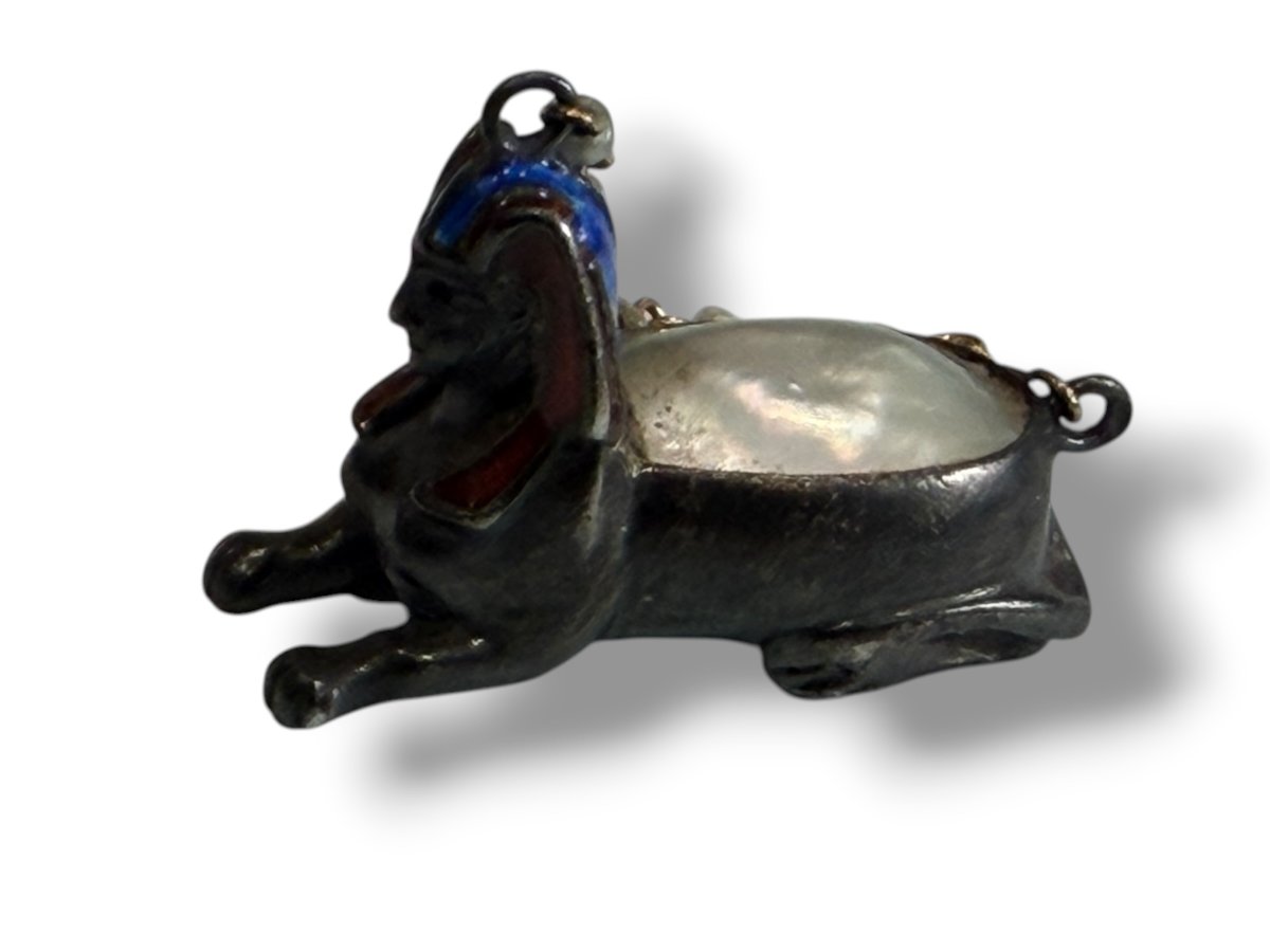 Sphinx Pendentif XIXeme en argent perle et émail -photo-4