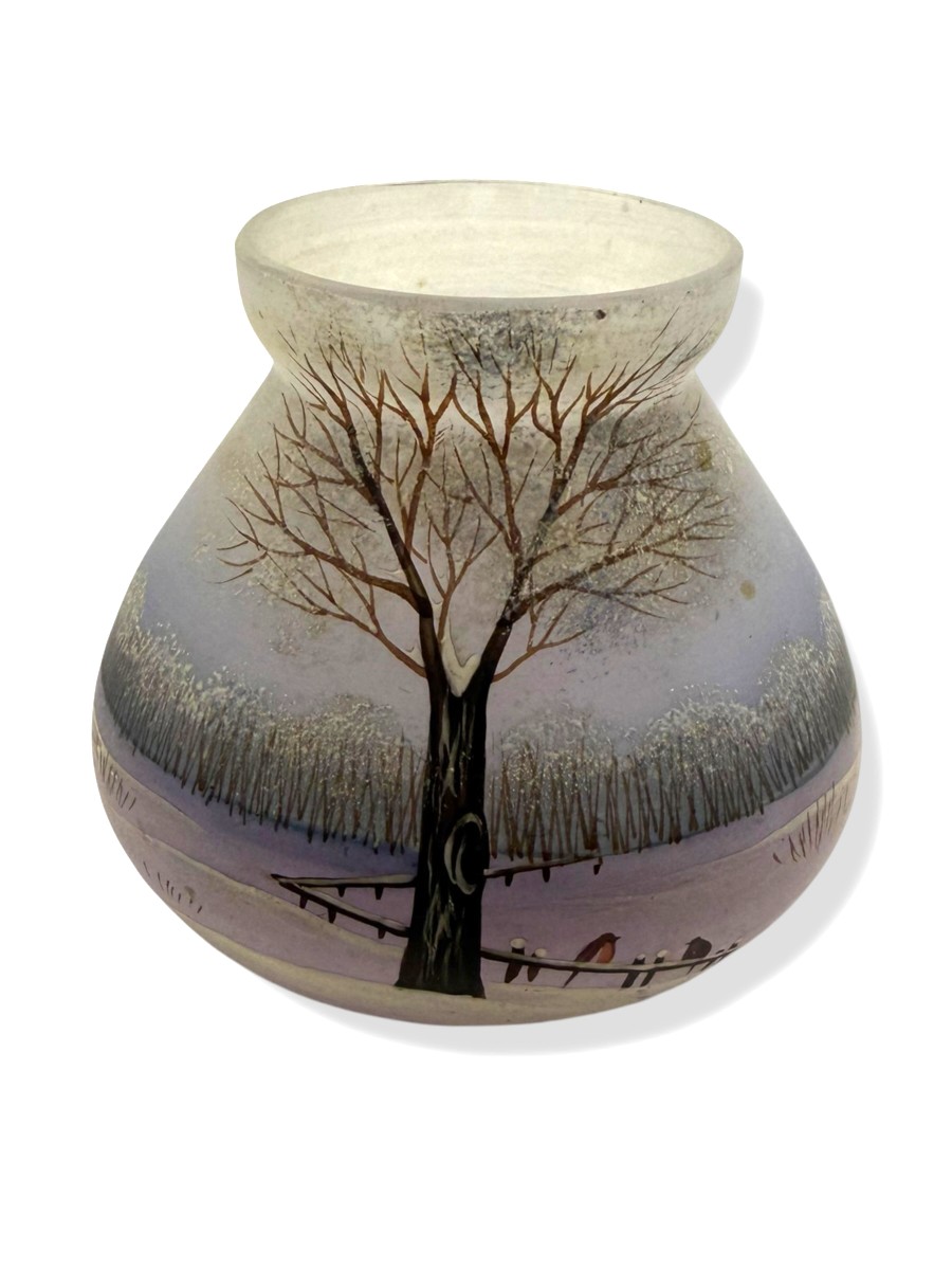 Enamelled And Painted Glass Vase Snowy Landscape