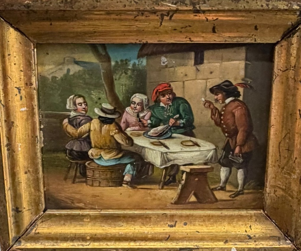 Ecole hollandaise scène de banquet huile sur zinc XIXeme 