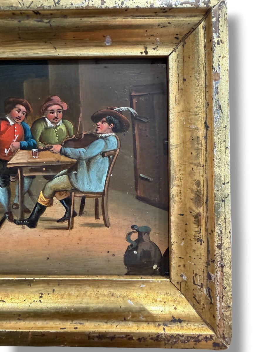 Dutch School Tavern Scene Oil On Zinc 19th Century-photo-2