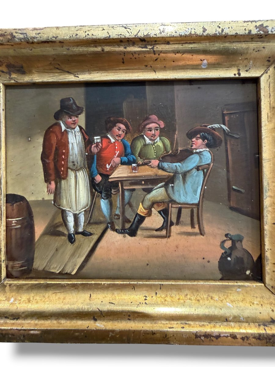 Dutch School Tavern Scene Oil On Zinc 19th Century-photo-3