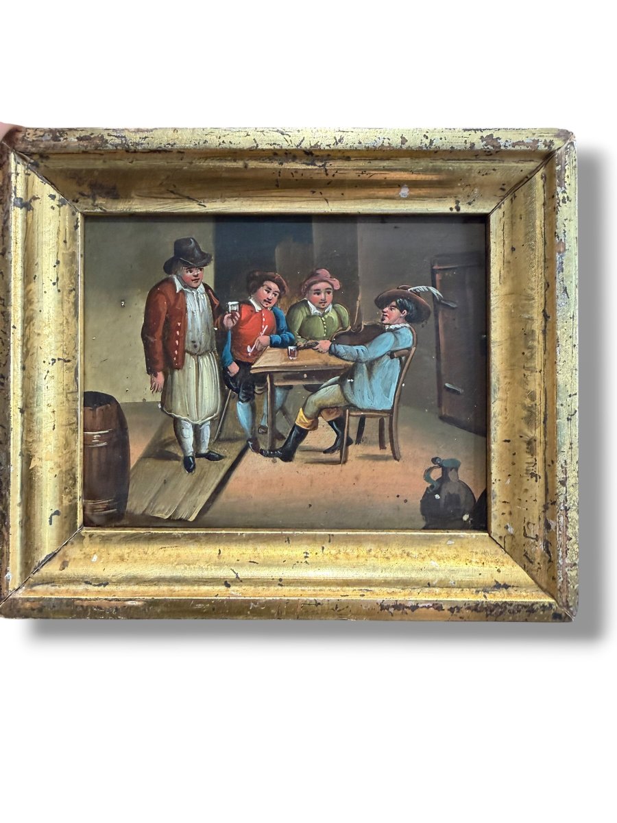 Dutch School Tavern Scene Oil On Zinc 19th Century-photo-4