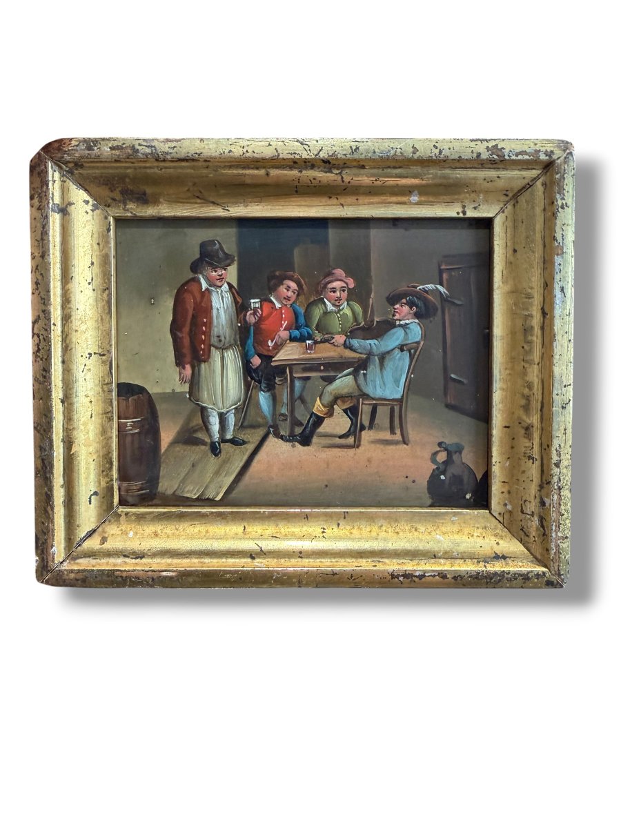 Dutch School Tavern Scene Oil On Zinc 19th Century-photo-2