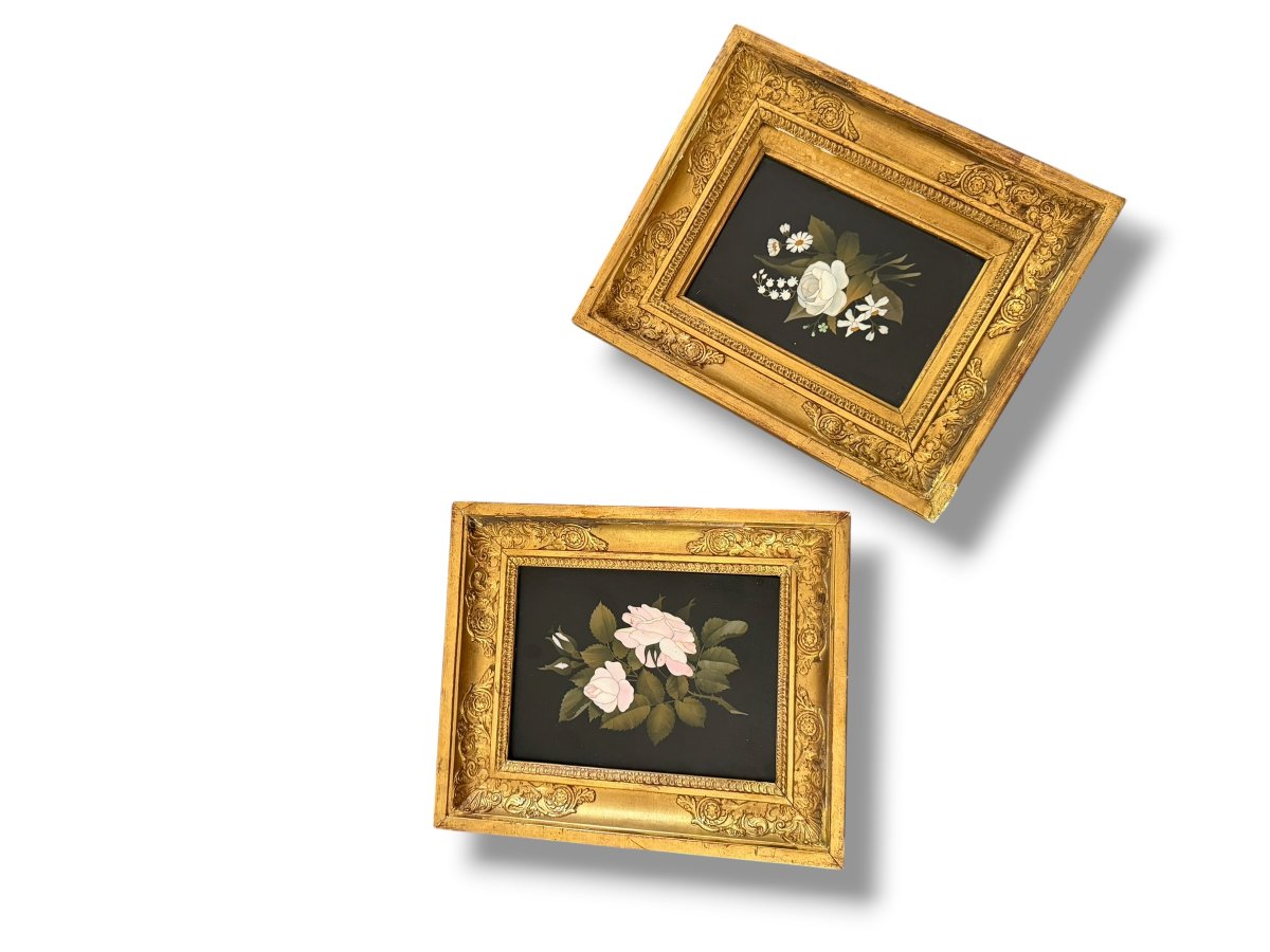 Grand Tour paire de cadres floraux italiens en pietra dura -photo-8