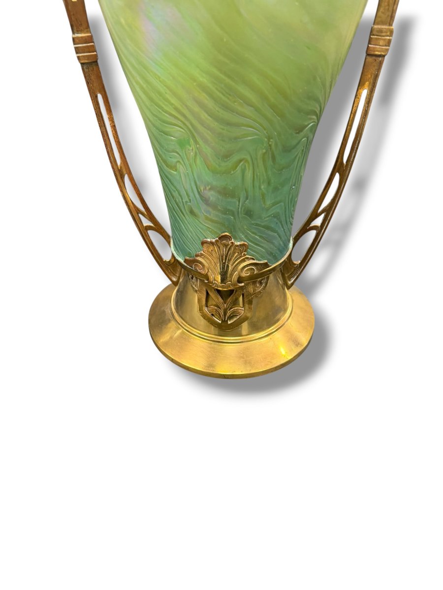 Large Art Nouveau Vase In Green Iridescent Glass Hacker Et Loetz-photo-7
