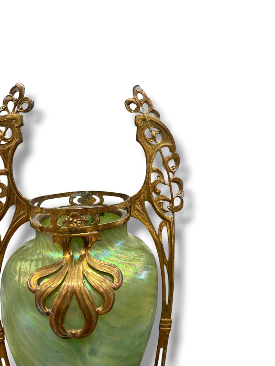 Large Art Nouveau Vase In Green Iridescent Glass Hacker Et Loetz-photo-8