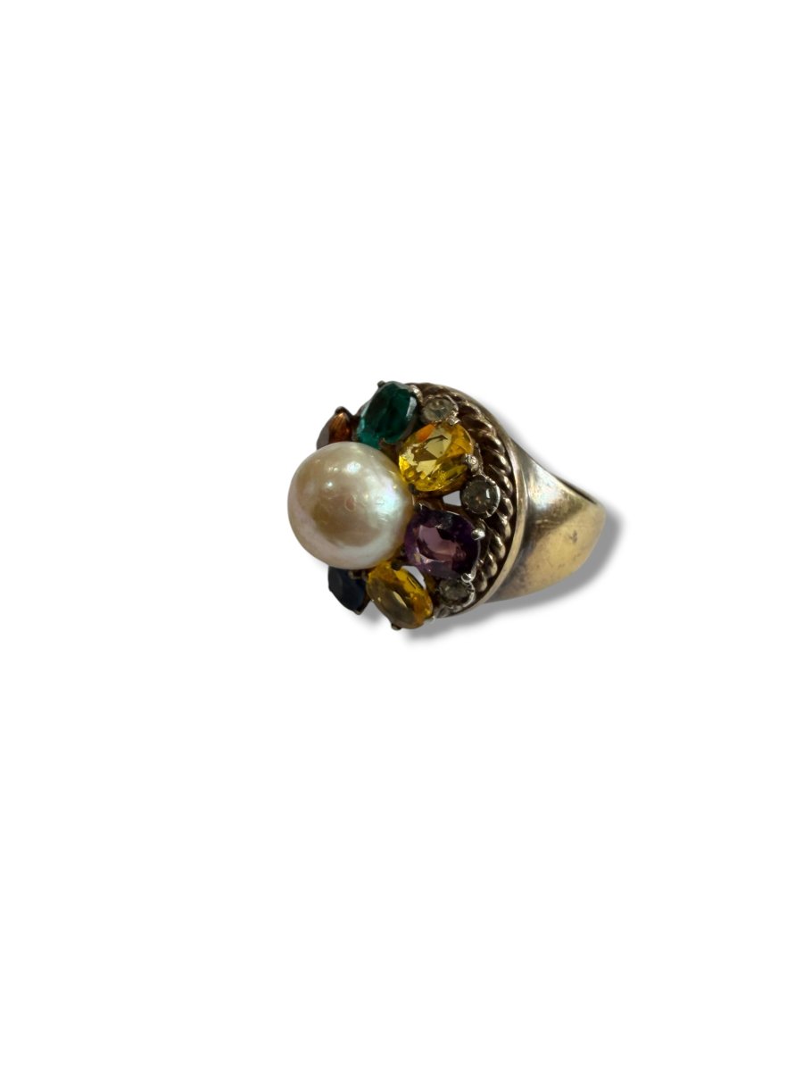Bague or et argent perle et pierres-photo-2