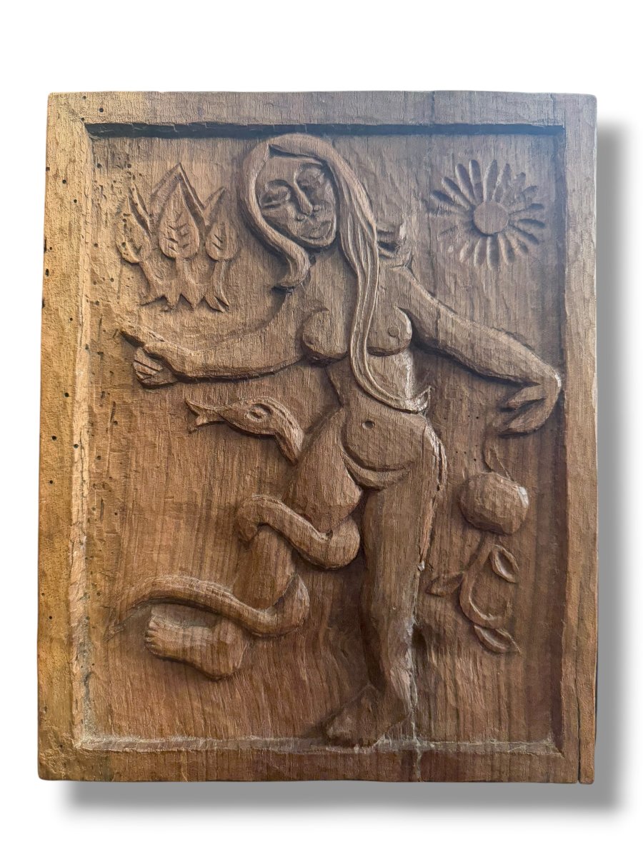 ART POPULAIRE Bas relief en bois Eve au Paradis-photo-2