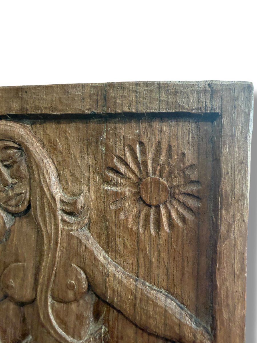ART POPULAIRE Bas relief en bois Eve au Paradis-photo-1