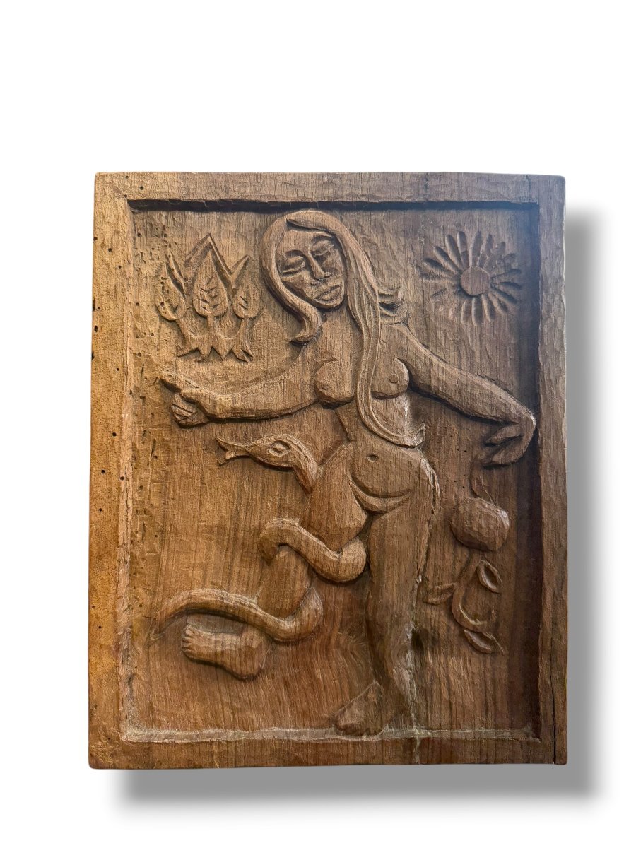 ART POPULAIRE Bas relief en bois Eve au Paradis
