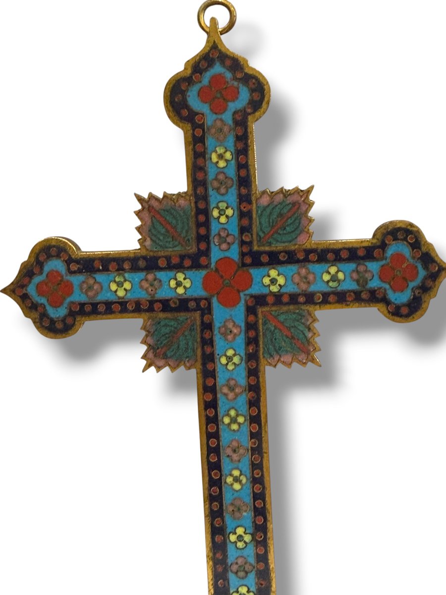 Cross Crucifix In Cloisonné Enamel Canton 19th Century-photo-2